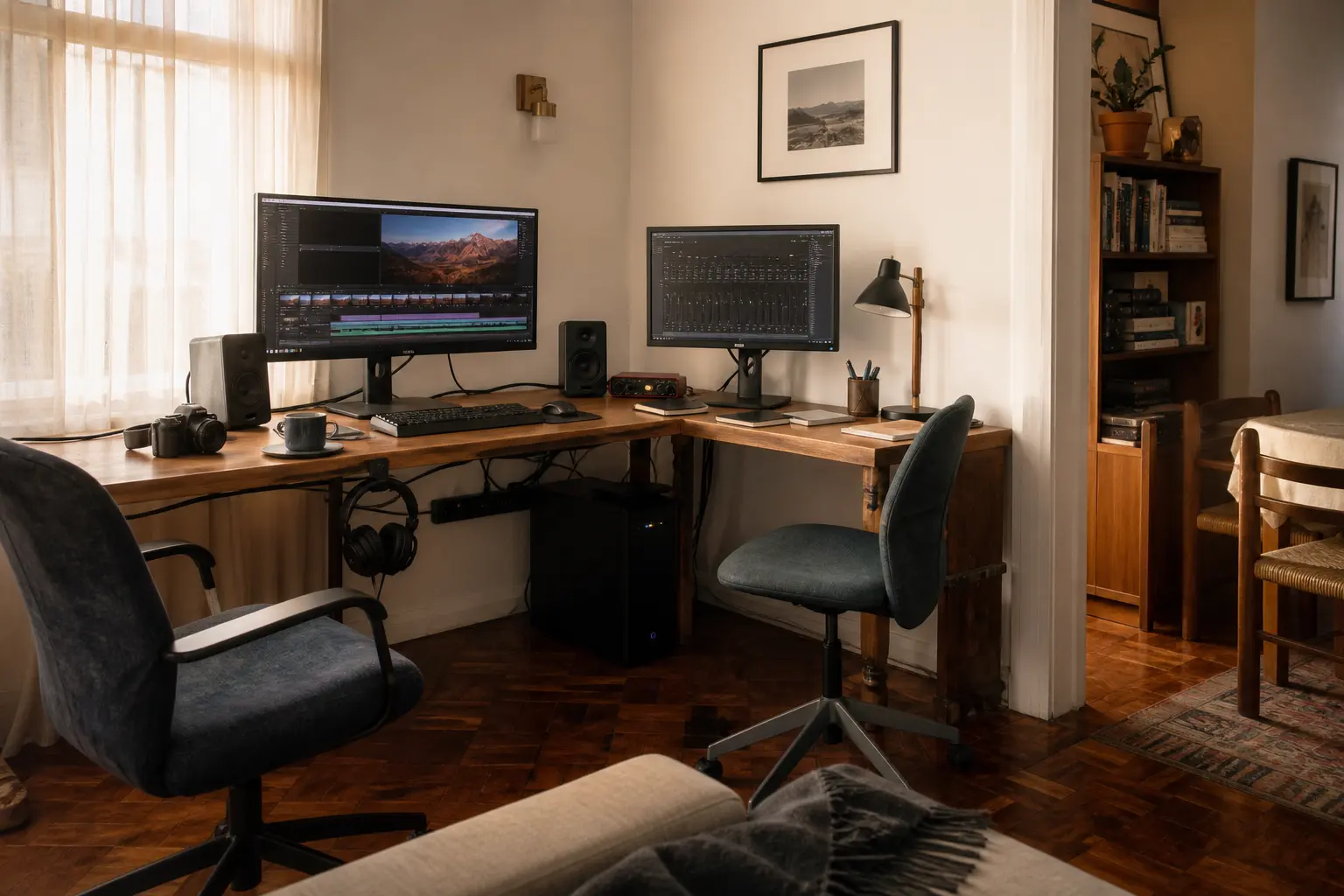 Espacio creativo compartido con dos monitores integrado en un living