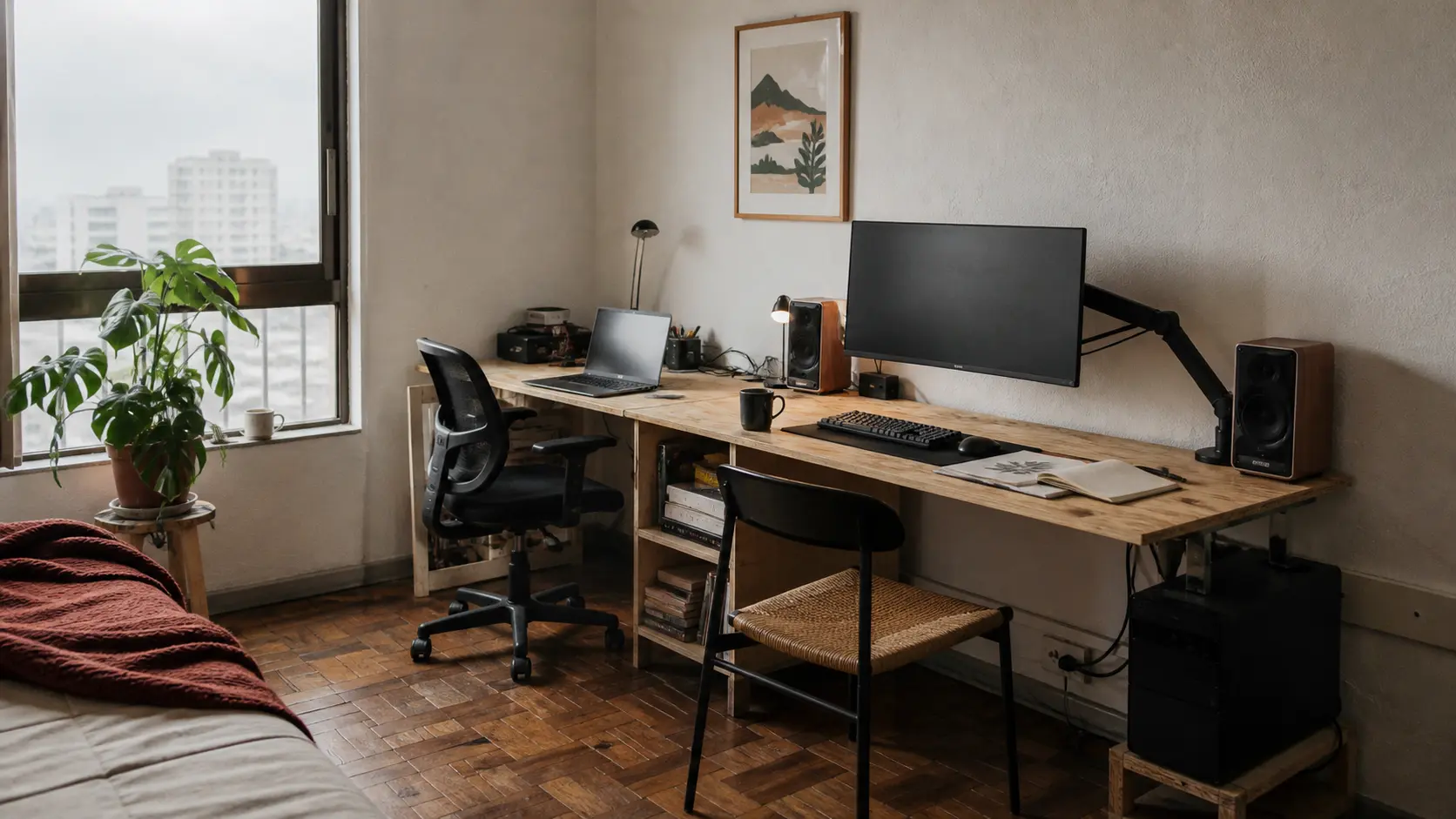 Escritorio largo compartido para computador y notebook en un dormitorio de departamento